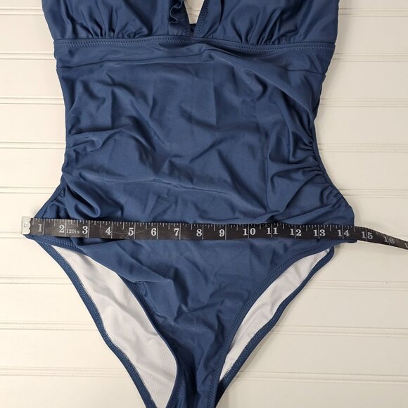 Cupshe Women's Blue Ruffled V Neck Lace Up Back One Piece Swimsuit Size M NWT - Picture 13 of 13